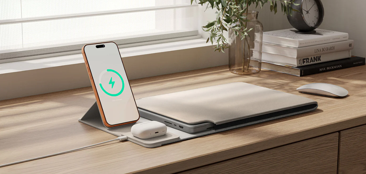 NEXA Lift Doubles as Protective Sleeve, Phone Stand, Dual Wireless Charger, and Mousepad.