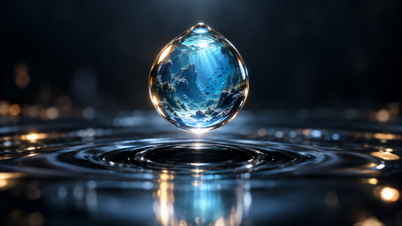 An impossible AI camera shot approaching a water droplet containing a vast underwater world 2.